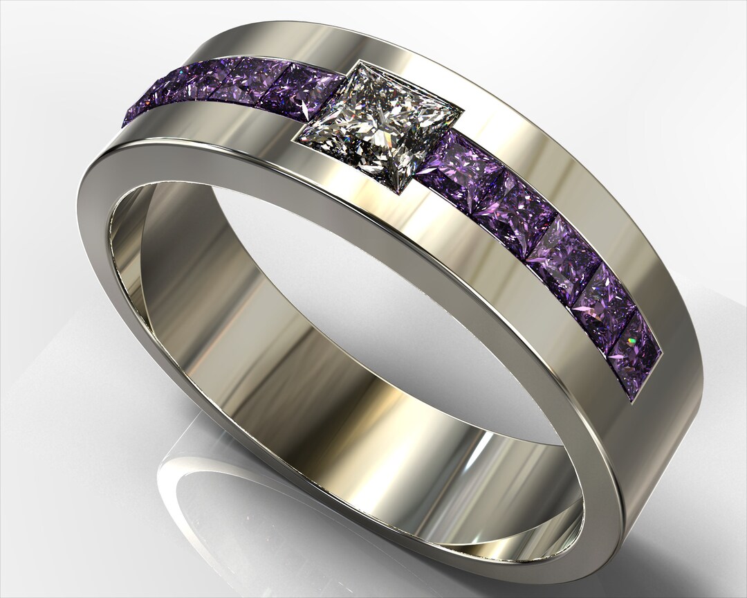 Mens Amethyst Ring / Mens Diamond Ring / White Gold Wedding Etsy