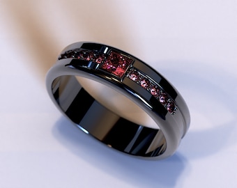 Man Ruby Wedding Band /  Mens Black Gold Wedding Bands / Mens Ruby Ring / Black Gold Ruby Wedding Band / Black Gold Mens Wedding Band