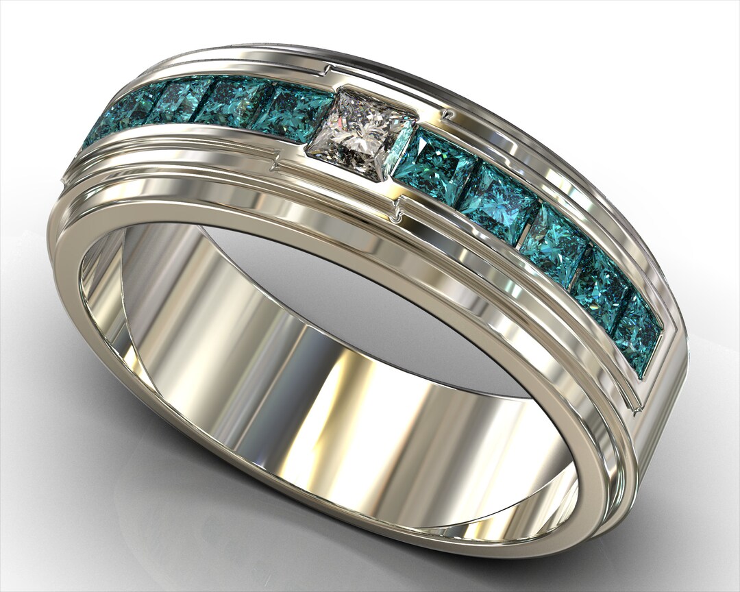 Mens Blue Diamond Wedding Band / Unique Diamond Wedding Band / - Etsy