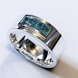 Mens Wedding Band White Gold Blue Diamond Wedding Ring