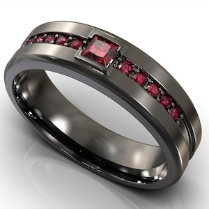 Man Ruby Wedding Band /  Mens Black Gold Wedding Bands / Mens Ruby Ring / Black Gold Ruby Wedding Band / Black Gold Mens Wedding Band