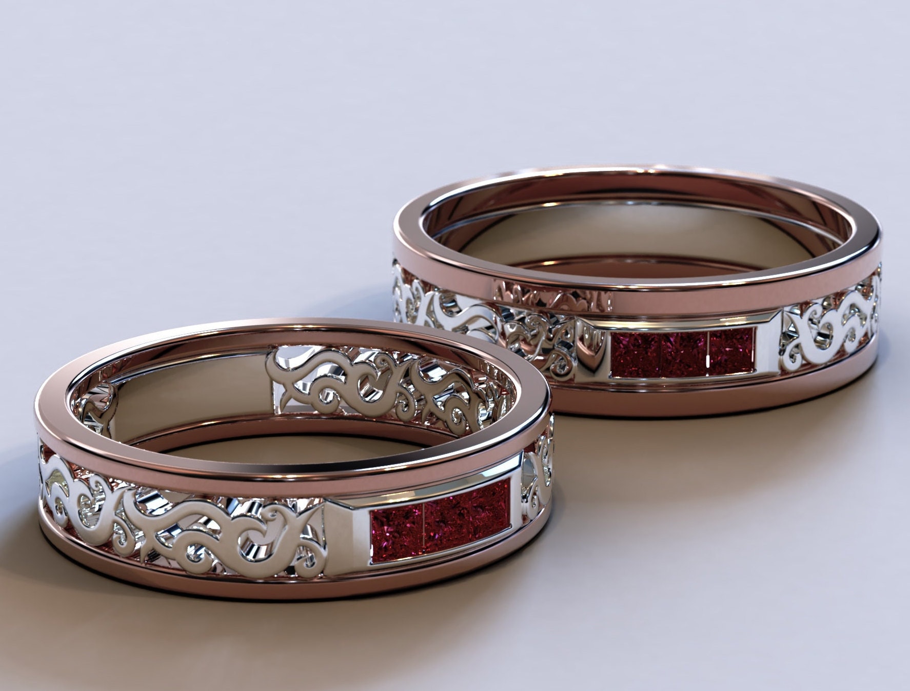 Unique Matching Wedding Bands / Ruby Wedding Band / 14K Rose Gold Rings ...