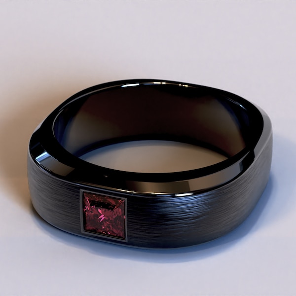 Rubin Herren Ehering / Schwarzgold Ehering / Minimalistischer Herrenring / Ehering / Schwarzer und Roter Ring / Rubin Band