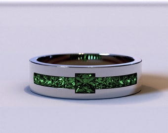 Man Emerald Ring / Custom Emerald Wedding Bands Men&#39;s / White Gold Mens Wedding Band / Man Wedding Band / Man Wedding Ring / White Gold Ring