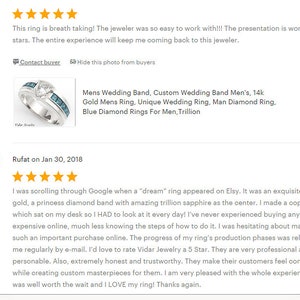 May include: A silver wedding band with a central diamond and blue accent stones. The ring is displayed with customer reviews and product details, including the terms "Mens Wedding Band" and "Blue Diamond Rings".