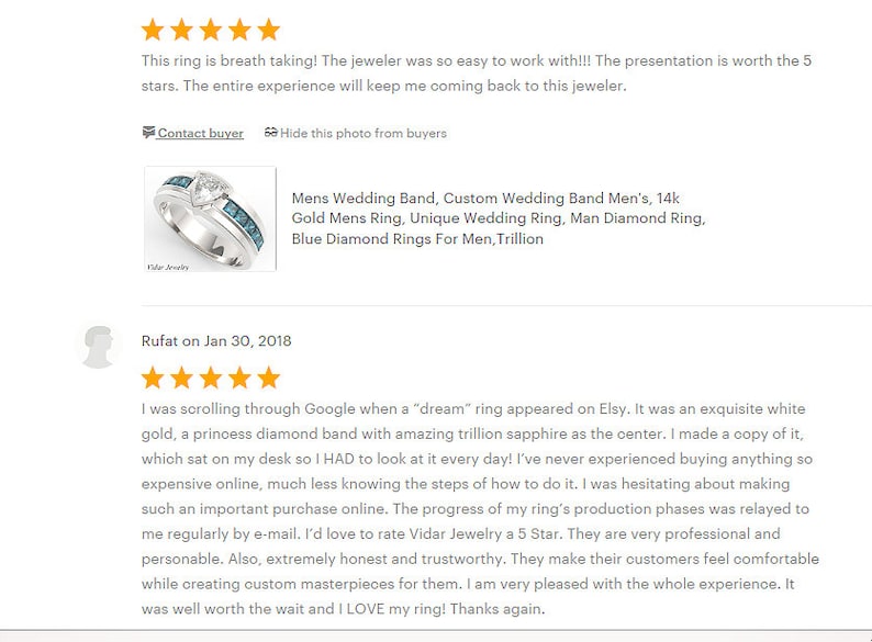May include: A silver wedding band with a central diamond and blue accent stones. The ring is displayed with customer reviews and product details, including the terms "Mens Wedding Band" and "Blue Diamond Rings".