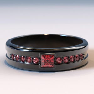Man Ruby Wedding Band /  Mens Black Gold Wedding Bands / Mens Ruby Ring / Black Gold Ruby Wedding Band / Black Gold Mens Wedding Band