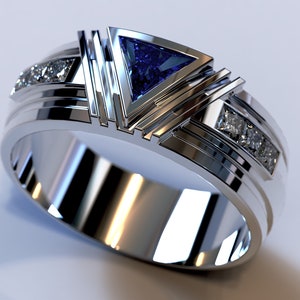 Custom Platinum Sapphire Ring / Platinum Wedding Band Men / 950 Platinum Mens Ring / Triangle Gemstone Band / Sapphire Wedding Band For Men