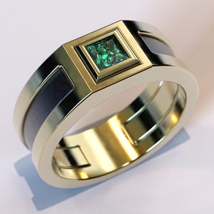 Mens Emerald Engraved Ring / Emerald Ring For Men / 14K Gold Wedding Band Men / Two Tones Gold / Man Wedding Band / Emerald Ring For Men