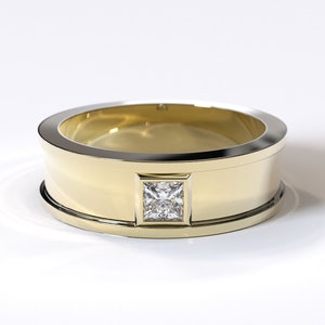 Gold Mens Wedding Band / Mens Diamond Wedding Band / Square Diamond Gold Band / Clear Diamond Gold Ring / Mens Unique Wedding Band