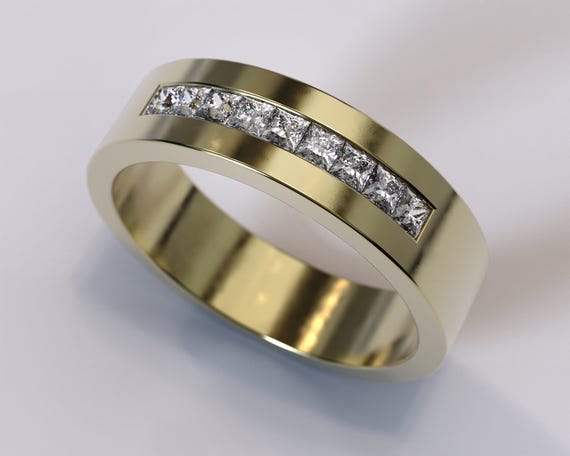 Man Diamonds Ring 14k Gold Wedding Band for Men Wide Band