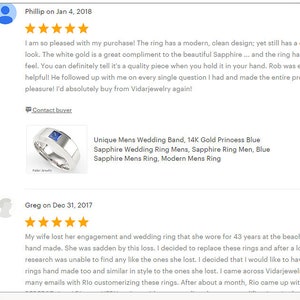 May include: A white gold wedding band with a princess-cut blue sapphire. The ring has a modern design. The image also includes customer reviews.