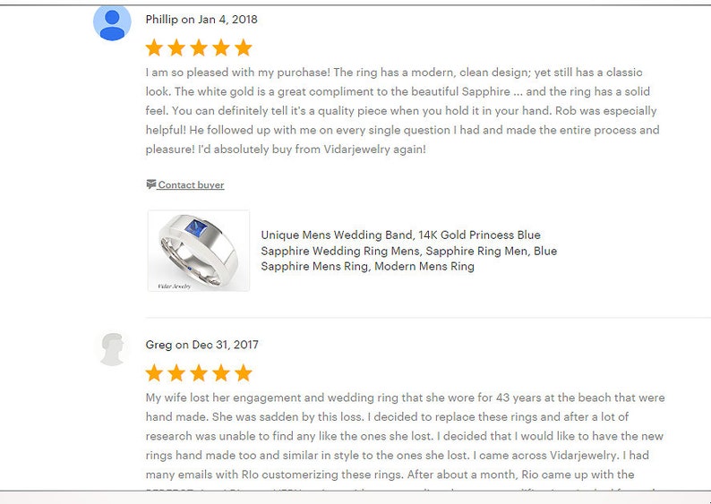 May include: A white gold wedding band with a princess-cut blue sapphire. The ring has a modern design. The image also includes customer reviews.