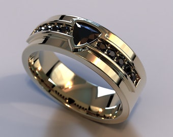 Trillion Diamond Wedding Band / Men&#39;s Gold Wedding Ring / Black Diamond Wedding Band / Unique Wedding Band / Rich Wedding Band / Unique Ring