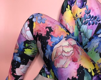product of Canada eco-poly spandex fabric easy care fabric vibrant floral pink long leggings Asymmetrical print full length leggings