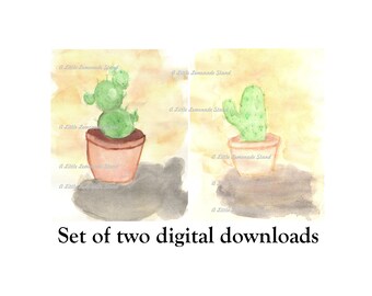 Succulent Watercolor Painting, Set of Two Hand painted Cactus Printable Art, Wedding Gift Digital Instant Download, Green Home Decor
