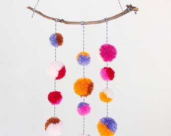 Medium Branch Pom Pom Mobile / Wall Hanging in Pink, Orange, + Purple