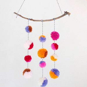 Medium Branch Pom Pom Mobile / Wall Hanging in Pink, Orange, + Purple