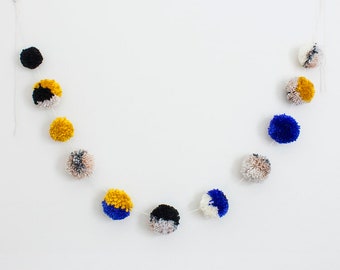 Gold, Cream, Black, + Cobalt Blue Pom Pom Garland