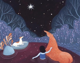 May include: A girl and a dog are in a dark blue pond, looking up at a bright white star in the night sky. The girl is wearing a blue tank top and the dog is white with brown spots. The pond is surrounded by dark blue trees and bushes.