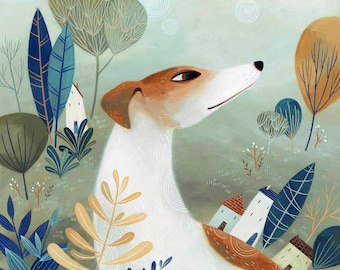 May include: An illustrated artwork featuring a white dog with brown ears and a brown patch on its back, set in a whimsical landscape. The background includes stylized trees, foliage, and small houses, all rendered in soft, muted colors.