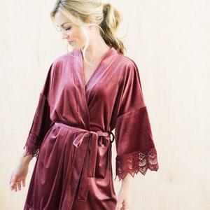 THE ORIGINAL Mauve Velvet and Lace Boho Bridal Robe, Mauve Velvet Bridesmaid Robes With Luxury Gift Bag, Unique Getting Ready Robes image 1