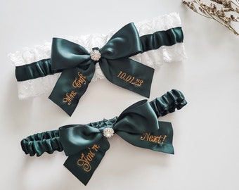 Personalized Forest Green Bridal Garter Set, Embroidered Lace Wedding Garter