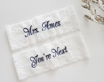Embroidered Lace Bridal Garter Set, Personalized Wedding Garters