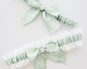 Sage Green Embroidered Garter Set, You're Next Garter Set With Sage Green Ribbon, Bridal Gift For The Bride To Be, Luxury Garter Set