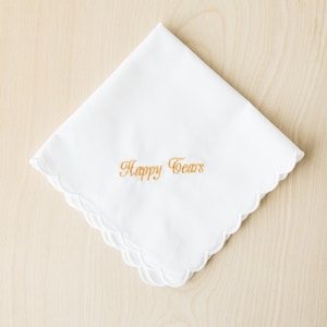 Happy Tears Embroidered Bridal Handkerchief, Gift For The Mother Of The Bride, Scallop Handkerchief Embroidered With Happy Tears