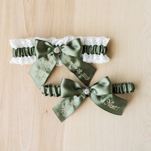 Moss Green Embroidered Bridal Garter Set With White Lace, You&#39;re Next Bridal Garter Set, Personalized Green Garter Set With Luxury Gift Box