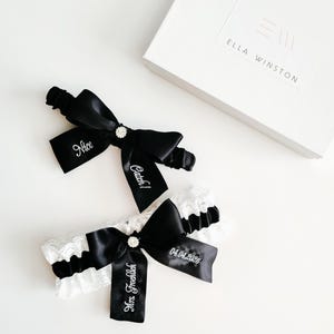 Embroidered Black Bridal Garter Set, White Lace, Personalized You're Next Wedding Garter
