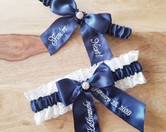 Navy Blue Personalized Bridal Garter Set, You're Next Modern Bridal Garter Set, Something Blue For The Bride To Be, Luxury Garter Set