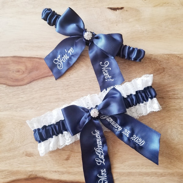 Navy Blue Personalized Bridal Garter Set, You're Next Modern Bridal Garter Set, Something Blue For The Bride To Be, Luxury Garter Set