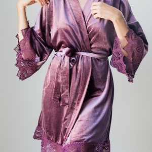 THE ORIGINAL Mauve Velvet and Lace Boho Bridal Robe, Mauve Velvet Bridesmaid Robes With Luxury Gift Bag, Unique Getting Ready Robes Berry