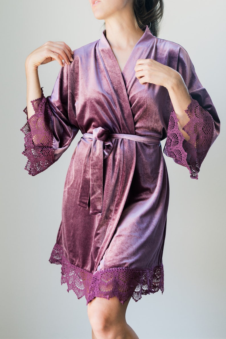 THE ORIGINAL Mauve Velvet and Lace Boho Bridal Robe, Mauve Velvet Bridesmaid Robes With Luxury Gift Bag, Unique Getting Ready Robes Berry