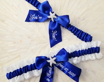 Cobalt Blue Starfish Bridal Garter Set, Embroidered Lace, Something Blue