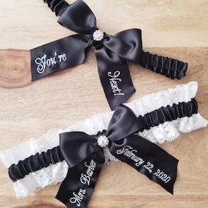 Black Bridal Garter Set With Personalized Embroidery, You&#39;re Next Bridal Garter Set In Black, Custom Modern White Lace Bridal Garter