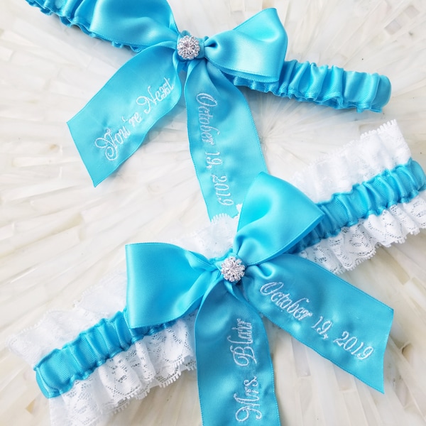 Turquoise Satin And White Lace Bridal Garter Set, You're Next Toss Garter With Custom Keepsake Garter, Something Blue For The Bride To Be