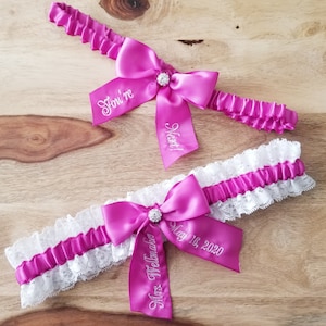 Fuchsia Pink Bridal Garter Set With Personalized Ribbon, You&#39;re Next Toss Garter, Custom Fuchsia Garter Set With White Lace For The Bride