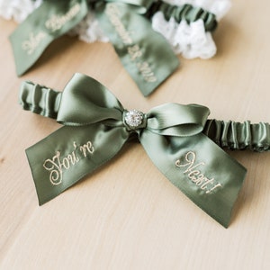 Moss Green Embroidered Bridal Garter Set With White Lace, You're Next Bridal Garter Set, Personalized Green Garter Set With Luxury Gift Box image 2
