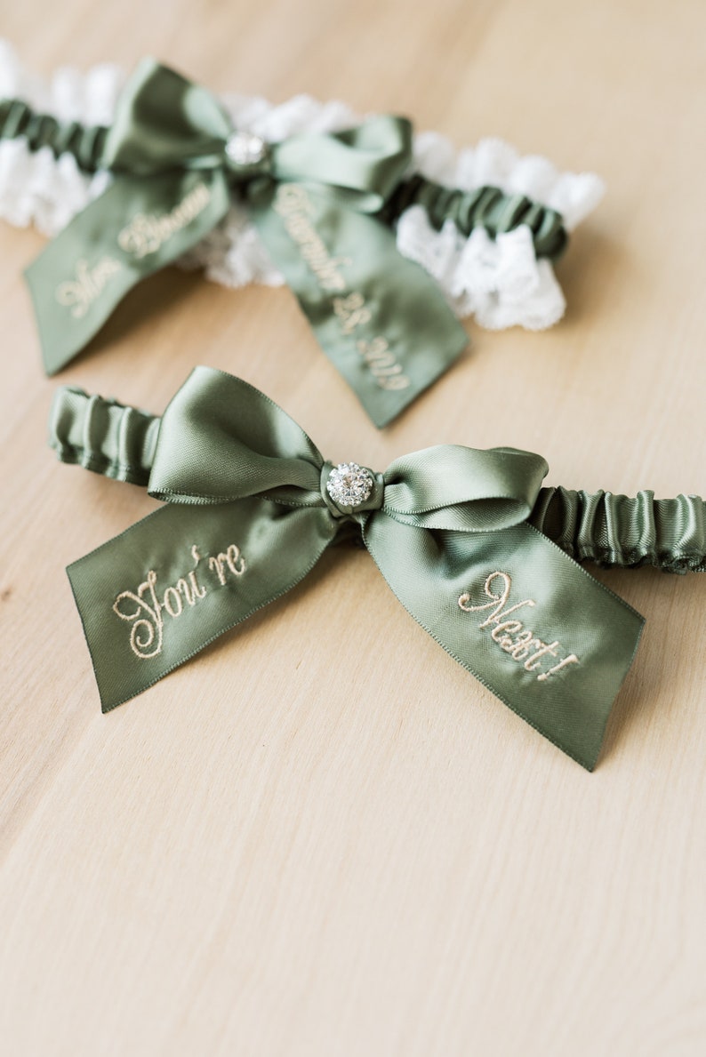 Moss Green Embroidered Bridal Garter Set With White Lace, You're Next Bridal Garter Set, Personalized Green Garter Set With Luxury Gift Box image 2