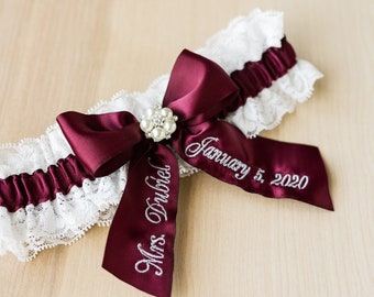 Wine Personalized Bridal Garter Set With White Lace, You're Next Bridal Garter Set With Wine Ribbon, Luxury Garter Set For The Bride