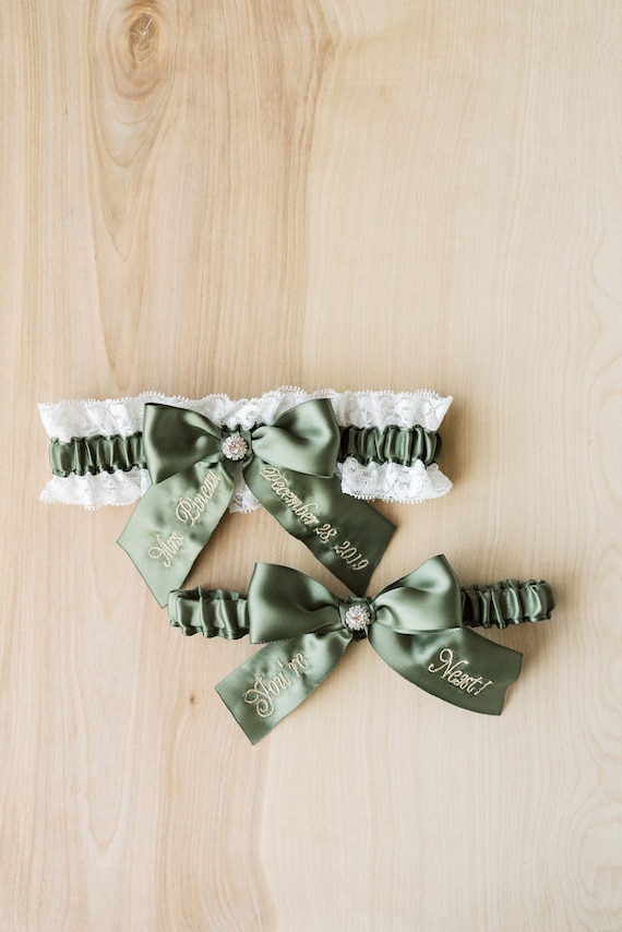 Moss Green Embroidered Bridal Garter Set With White Lace, You're Next Bridal Garter Set, Personalized Green Garter Set With Luxury Gift Box