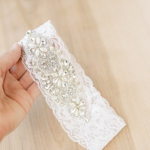 Grace Rhinestone Bridal Garter Set With White Floral Lace, Unique Sparkly Bridal Garter Set With Luxury Gift Box For The Bride To Be