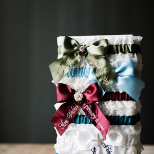 Moss Green Embroidered Bridal Garter Set With White Lace, You're Next Bridal Garter Set, Personalized Green Garter Set With Luxury Gift Box image 5