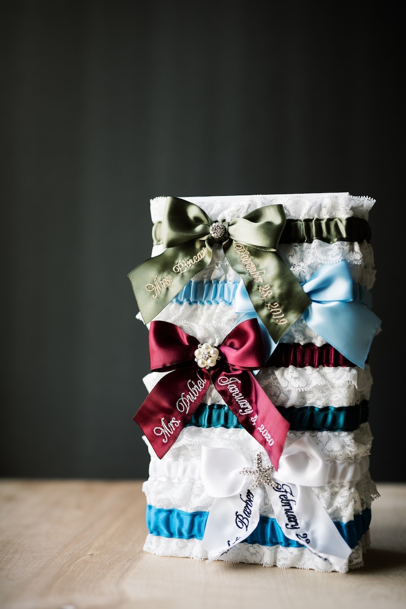 Moss Green Embroidered Bridal Garter Set With White Lace, You're Next Bridal Garter Set, Personalized Green Garter Set With Luxury Gift Box image 5