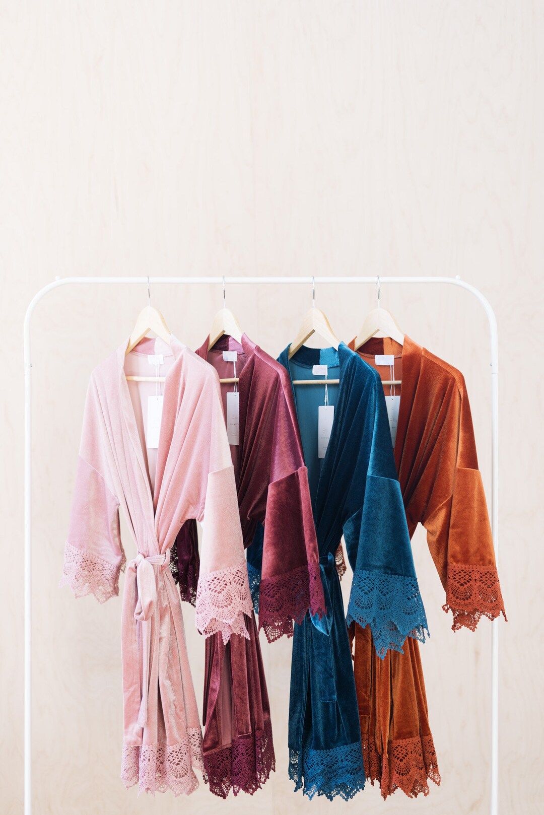 Velvet Bridal Robe With Crochet Lace Trim, Bridesmaid Getting Ready ...