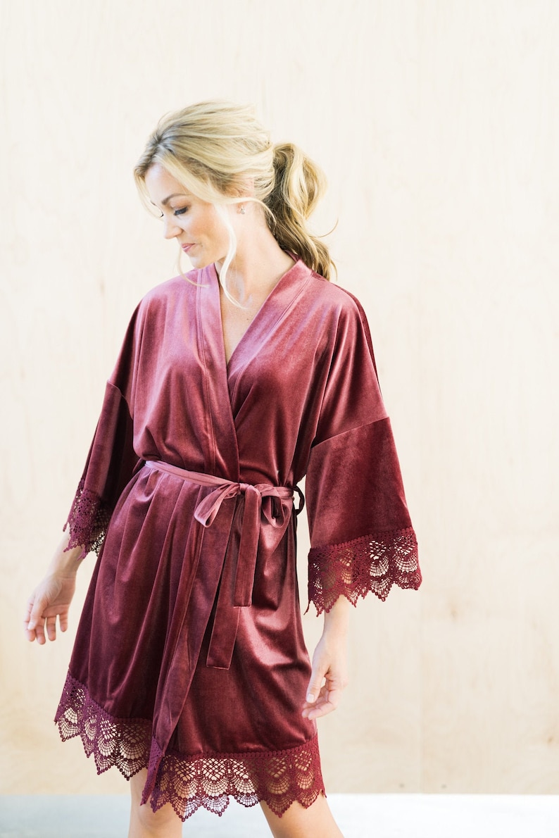 THE ORIGINAL Mauve Velvet and Lace Boho Bridal Robe, Mauve Velvet Bridesmaid Robes With Luxury Gift Bag, Unique Getting Ready Robes image 1