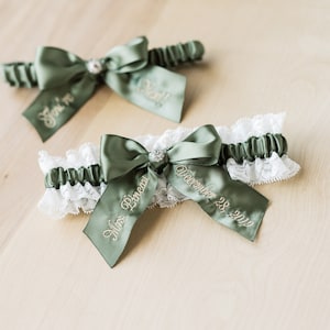 Moss Green Embroidered Bridal Garter Set With White Lace, You're Next Bridal Garter Set, Personalized Green Garter Set With Luxury Gift Box image 3